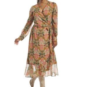 Justin Boots Pink tan maxi wrap Sheath Dress Bishop Sleeves paisley M ruffle
